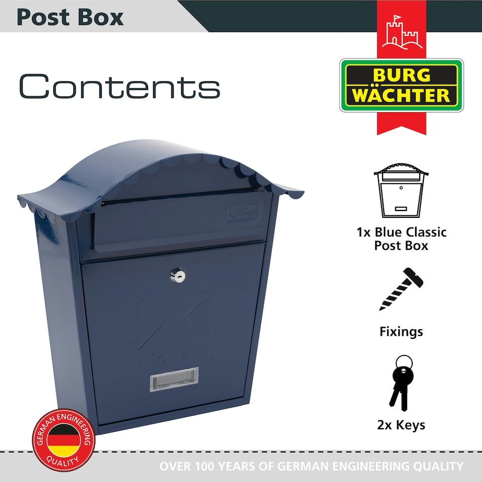 image 1 of Burg-Wachter Classic Wall Mounted Galvanised Steel Lockable Weatherproof Post Box - 36x37x13cm | Blue | Midnight Blue