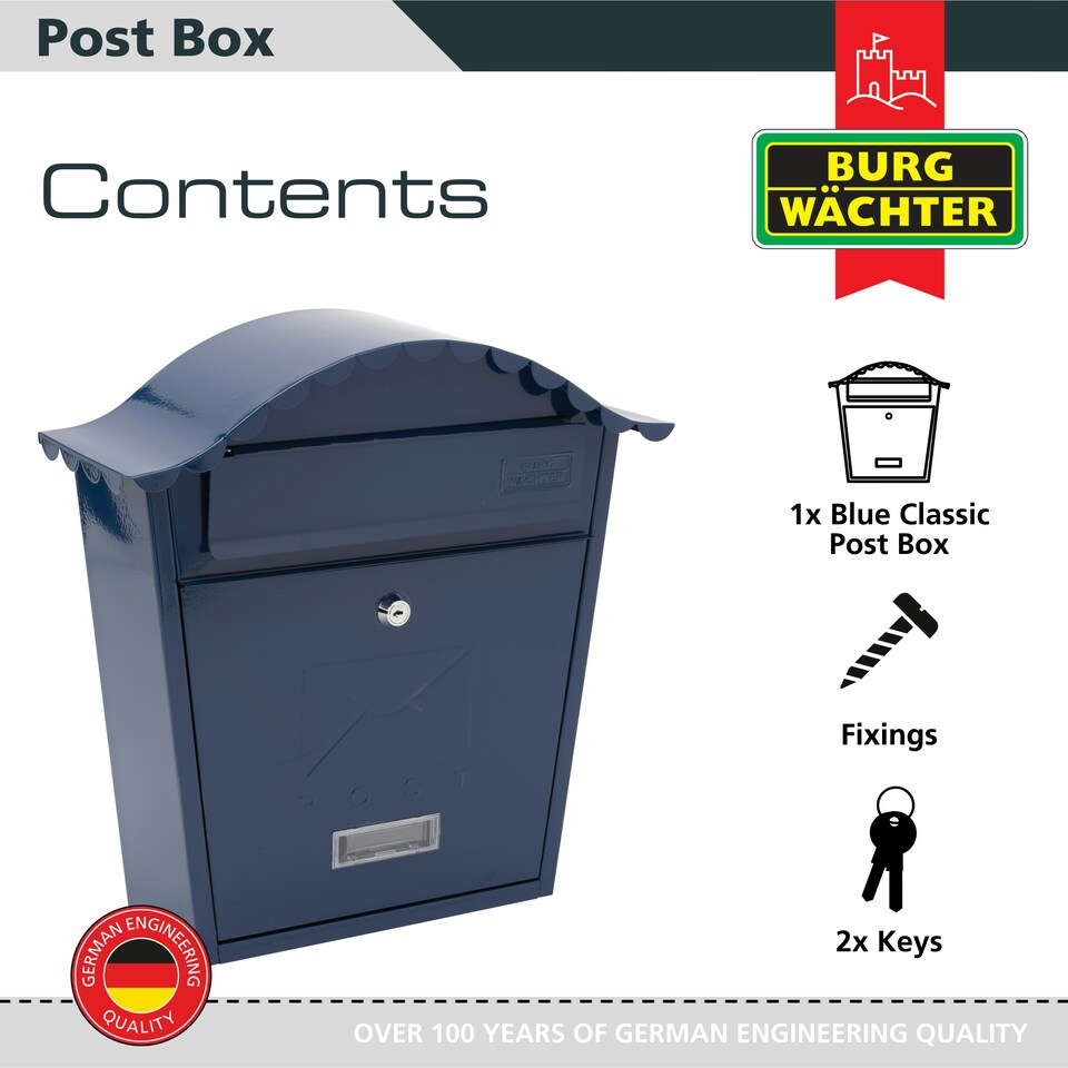 image 1 of Burg-Wachter Classic Wall Mounted Galvanised Steel Lockable Weatherproof Post Box - 36x37x13cm Blue | Midnight Blue