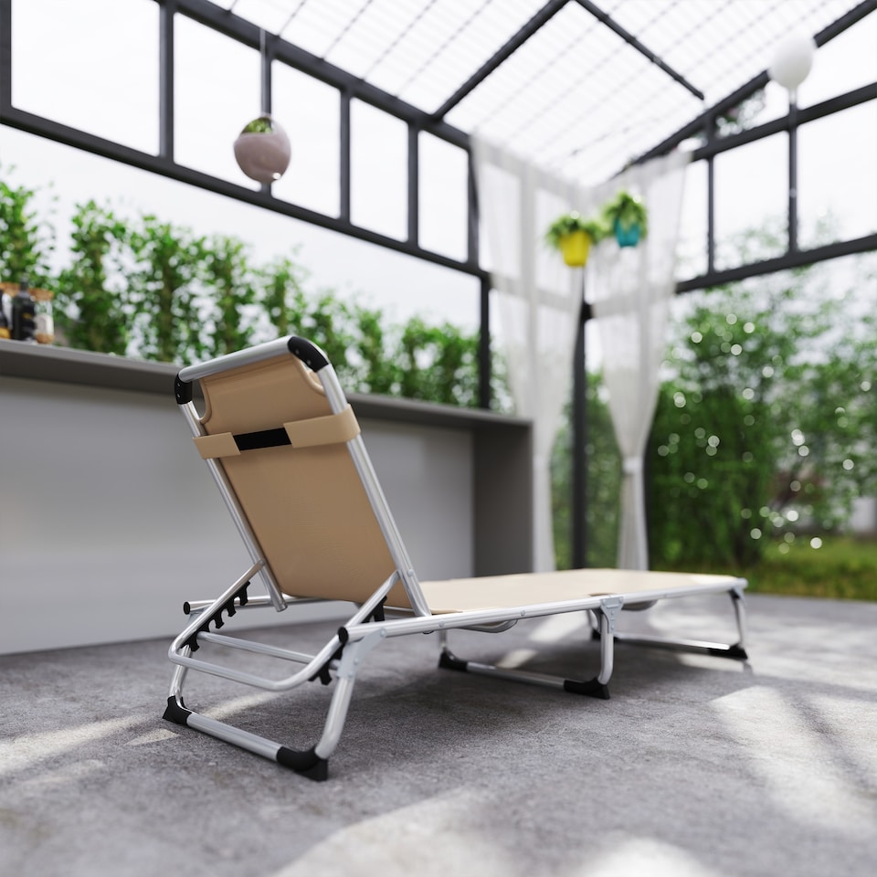 image 1 of Outsunny Foldable Outdoor Sun Lounger, Reclining Lounge Chair Camping Bed Cot with Pillow 4-Level Adjustable Back Aluminium Frame, Khaki