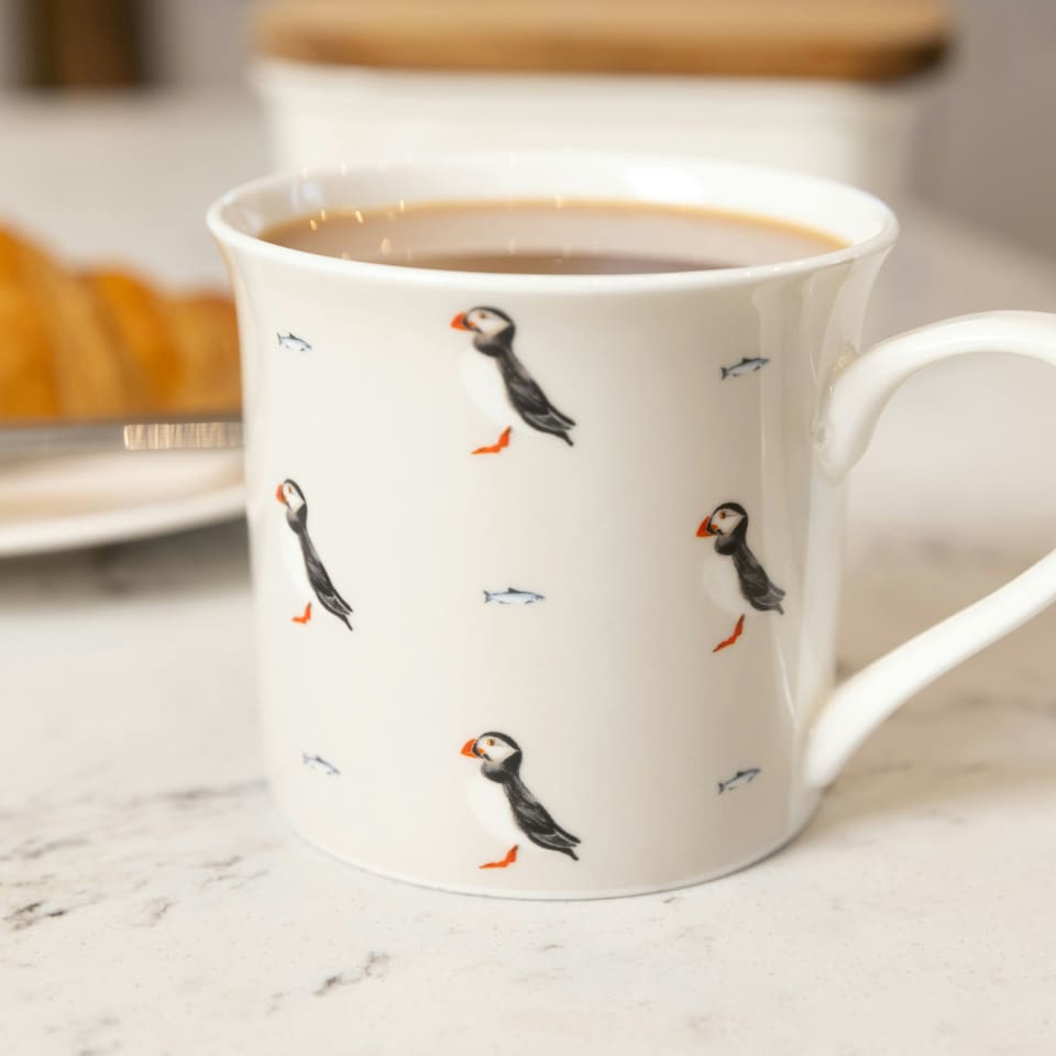 image 1 of KitchenCraft Fluted Fine Bone China Puffin Mug | White