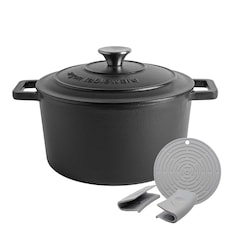 Argon Tableware 4.5L Round Cast Iron Casserole Dish with Self-Basting Lid - 4.75QT Dutch Oven Roasting Dish Pot | Black | Matt Black | 1
