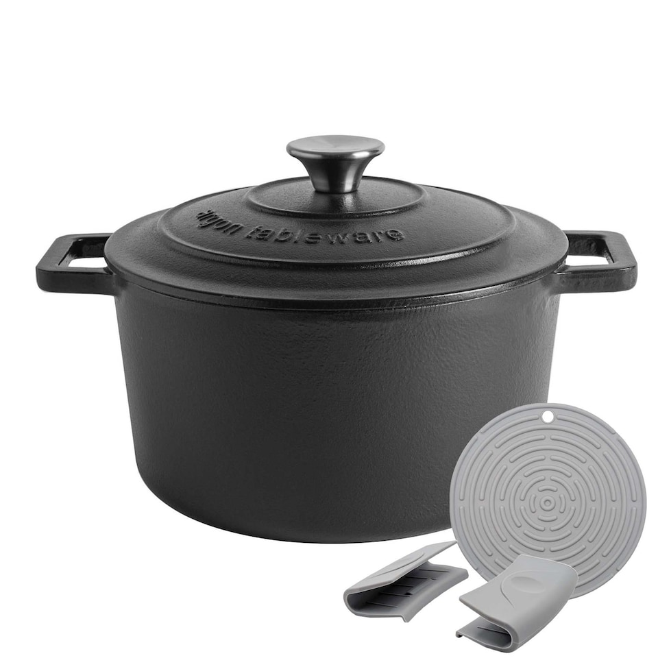 image 1 of Argon Tableware 4.5L Round Cast Iron Casserole Dish with Self-Basting Lid - 4.75QT Dutch Oven Roasting Dish Pot | Black | Matt Black | 1