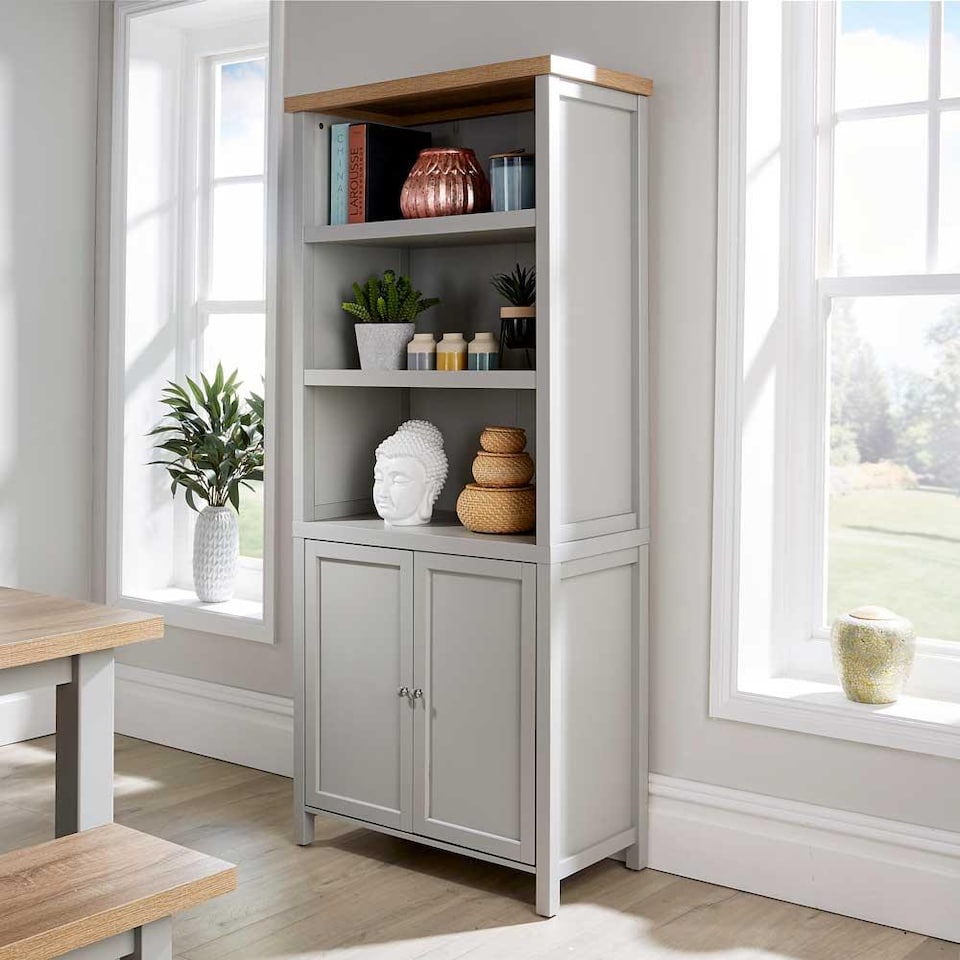 image 1 of Grey Oak Tall Display Bookcase 3 Shelf 2 Door Storage Cupboard Metal Handles