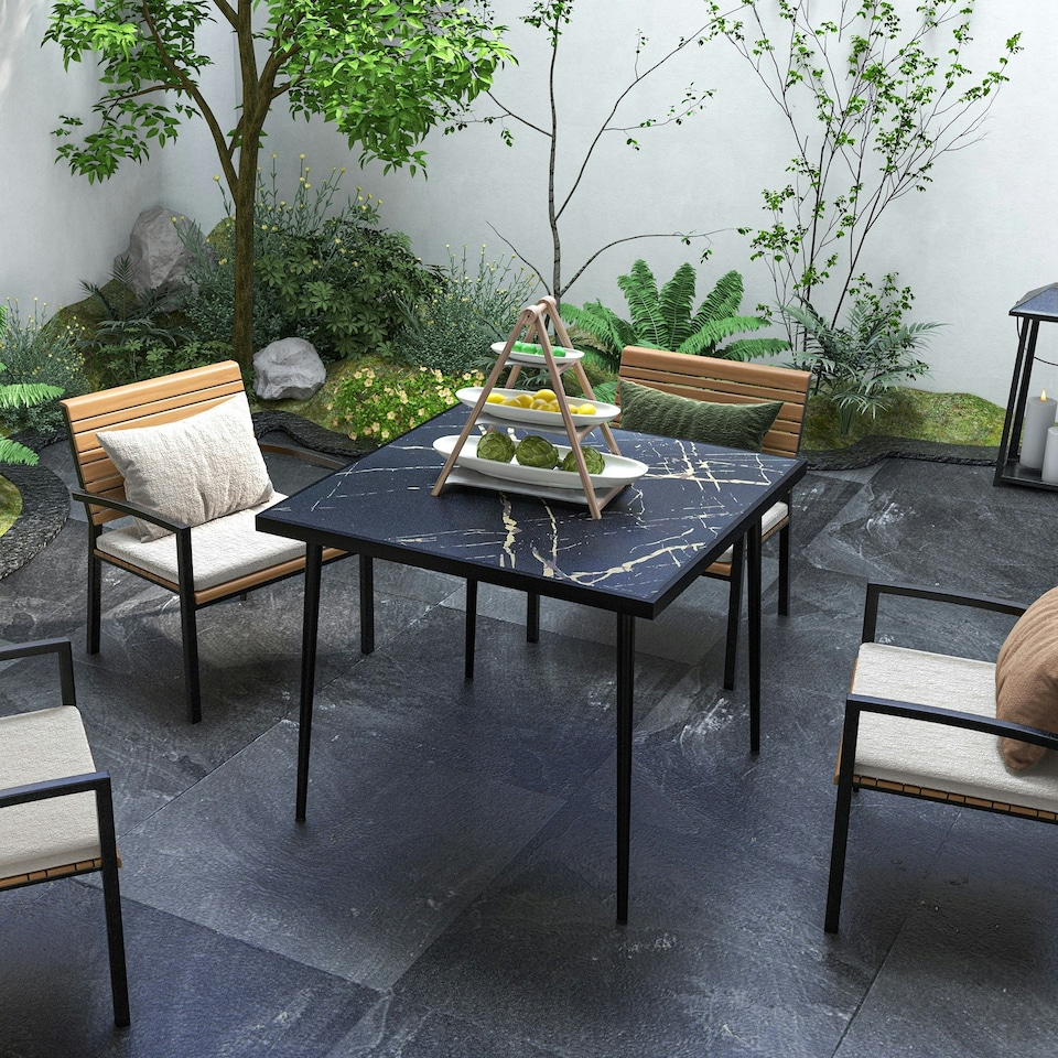 image 1 of Outsunny Outdoor Dining Table for 4 with Marble Effect Tempered Glass Top White
