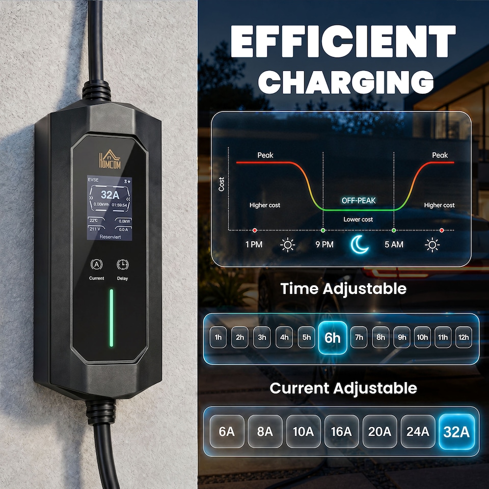 image 1 of HOMCOM EV Charger 7kW Type 2 to CEE 32A Plug with UK Adapter, 10 m, 6-32A