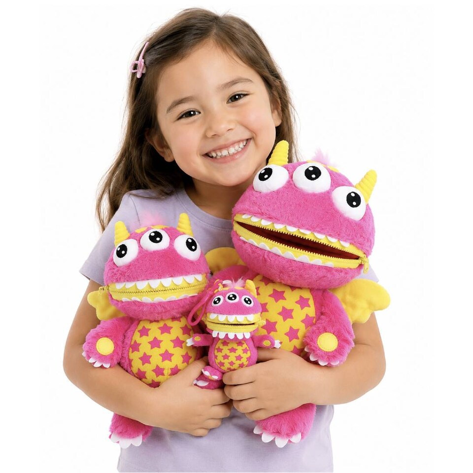 image 1 of Kids Worry Yummy Monster Cuddly Plush Toy Gift Set of 3 - Jumbo, Large and Clip-On Sizes Included