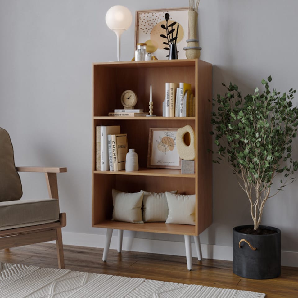 image 1 of URBNLIVING 3 Tier Wide Bookcase With Scandinavian Style Legs | Multi | Beech Bookcase & White Leg | 1