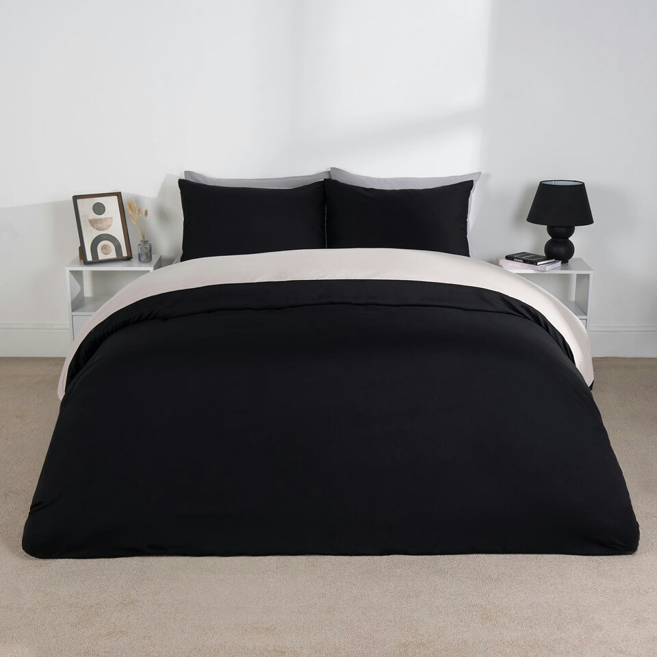 image 1 of OHS Microfibre Reversible Plain Duvet Cover and Pillowcase Set, Double - Black/Natural