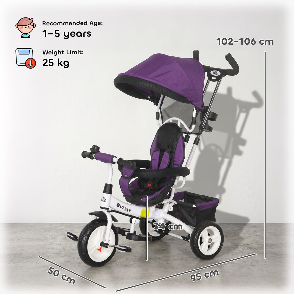 image 1 of HOMCOM 6 in 1 Kids Trike, Stroller with Parent Handle, Storage Brake, Purple
