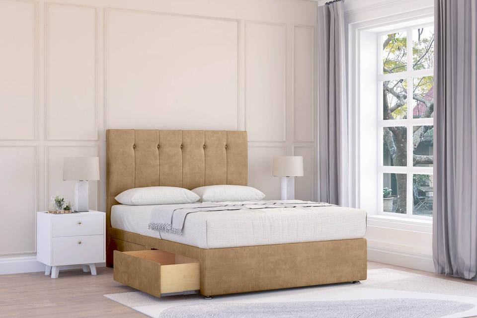 image 1 of Sloomy Highbury Latte Dumfries Divan Bed With Mattress 4 Drawers With 26" Strutted Headboard 5' King | Brown | Latte | King | 1