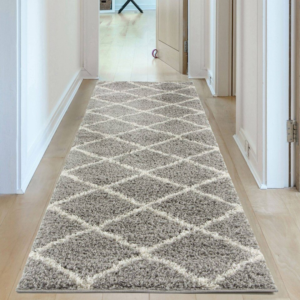 image 1 of The Rugs Moroccan Collection Soft High Pile Shaggy Diamond Floor Rugs and Runners Living Room