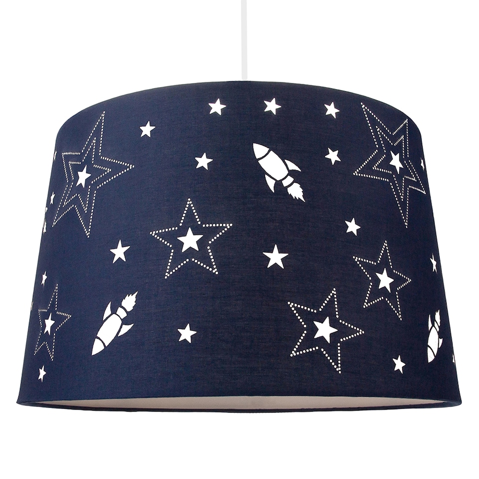 image 1 of Fun Rockets and Stars Childrens-Kids Blue Cotton Bedroom Pendant or Lamp Shade | Blue