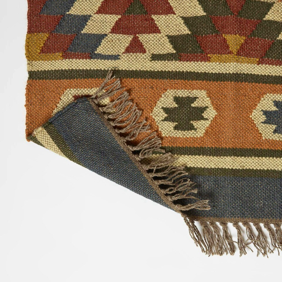 image 1 of Homescapes Lucea Orange and Blue Kilim Runner Wool Rug - 80 x 180 cm