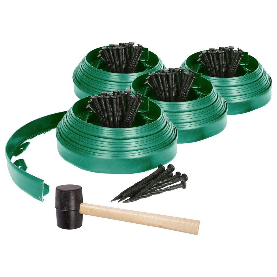 image 1 of Harbour Housewares Flexible Plastic Lawn Edging with 160 Pegs & Mallet - 40m x 4cm - Green | Green | 4
