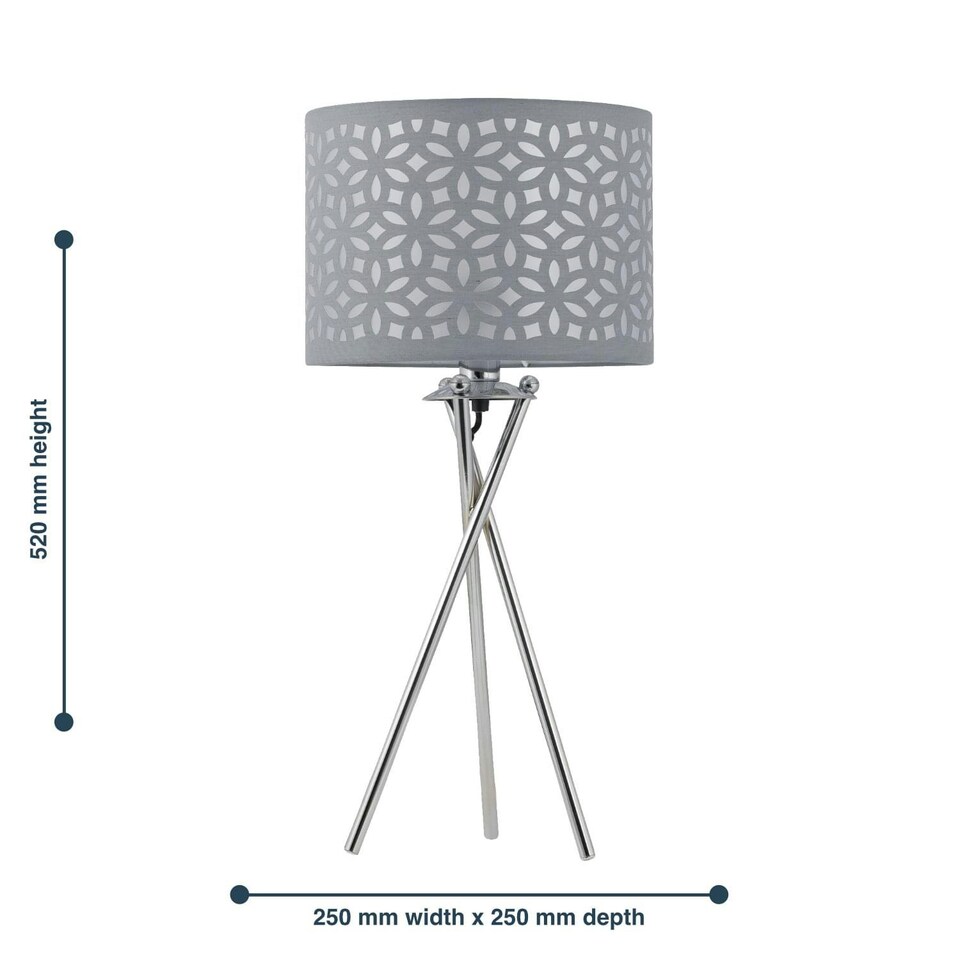 image 1 of First Choice Lighting Chrome Tripod Table Lamp with Grey Laser Cut Shade Chrome | Grey