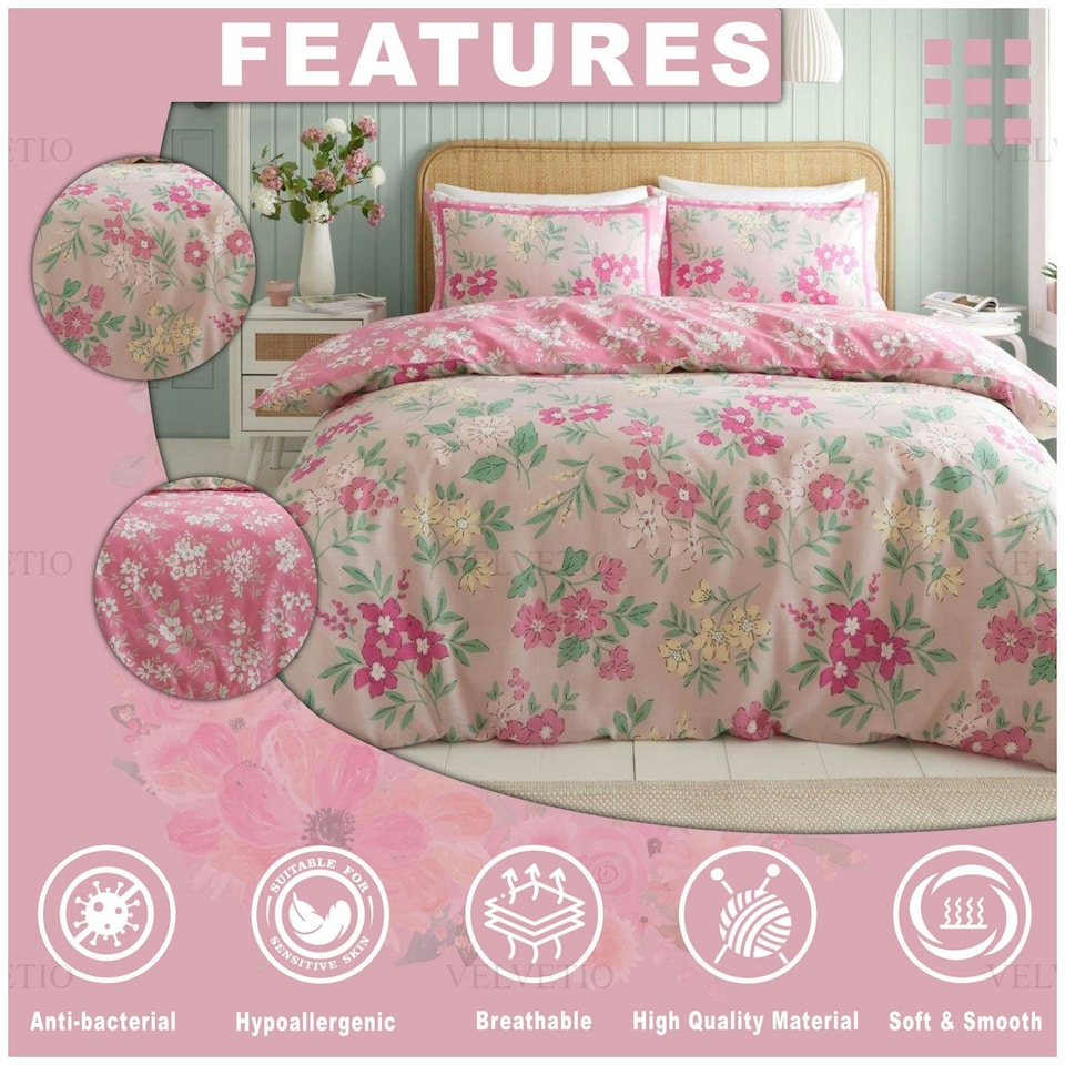 image 1 of Hattie Floral Duvet Cover Set Reversible Polycotton Beddings Pink | Double