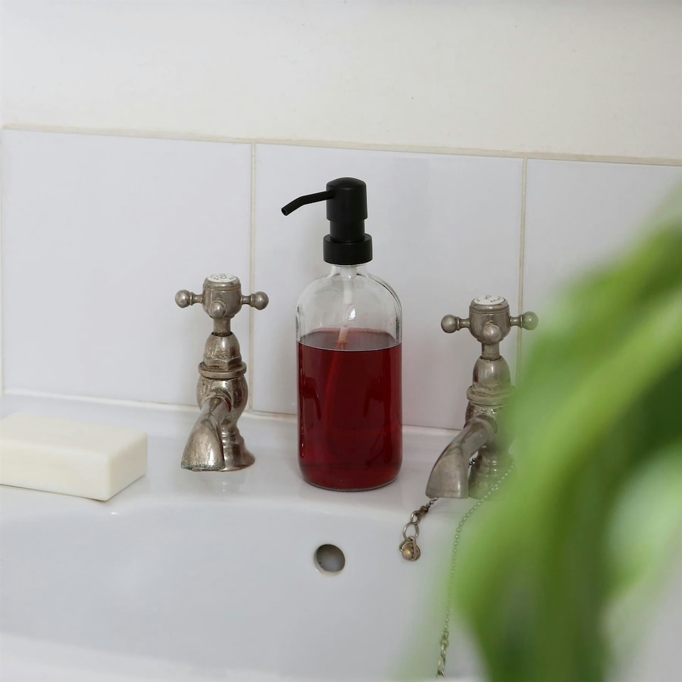 image 1 of Harbour Housewares 2pc Glass Soap Dispenser Set with Bamboo Tray & Labels - 500ml - Clear/Black