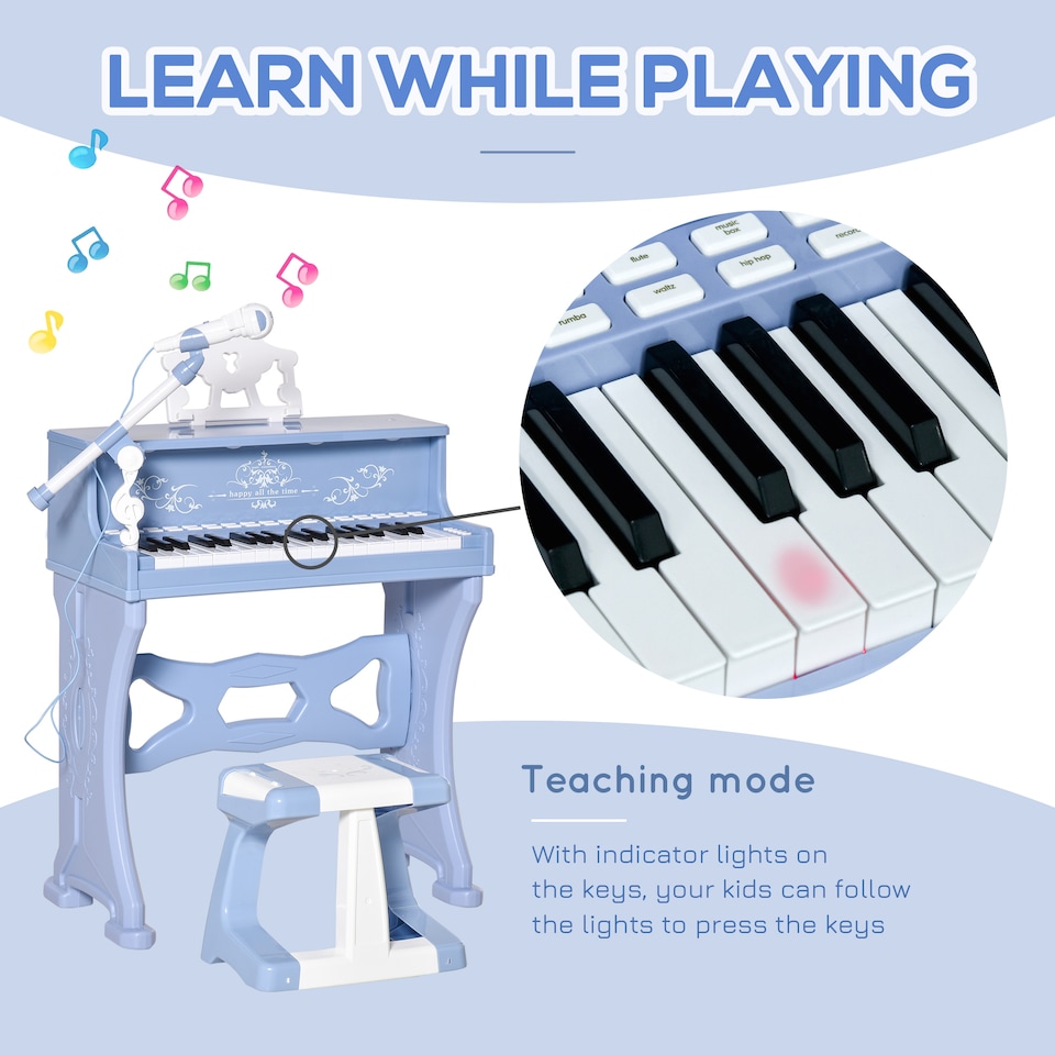 image 1 of HOMCOM 37 Keys Kids Piano Mini Electronic Keyboard Light Kids Musical Instrument Educational Game Children Grand Piano Toy Set with Stool and Microphone & Music Stand (Blue)