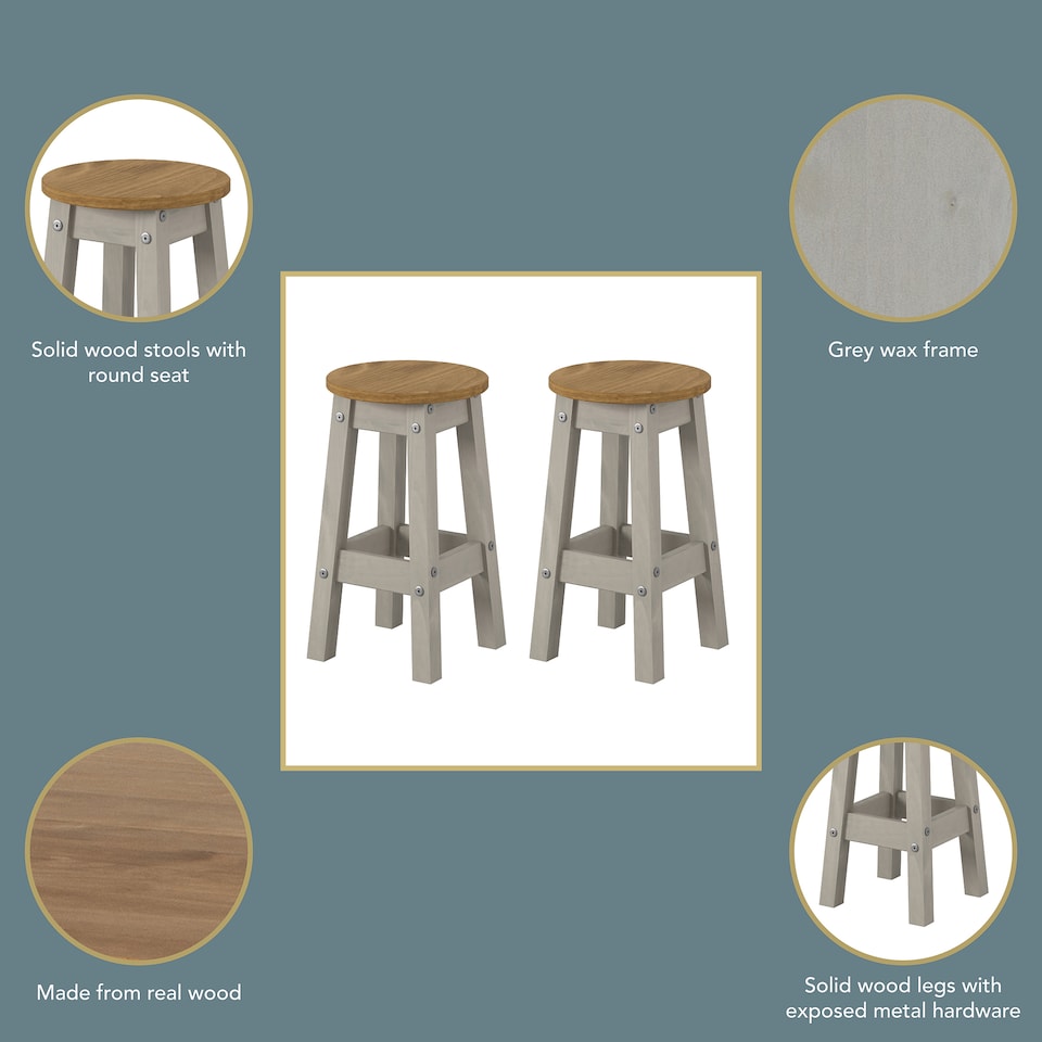image 1 of Corona Pair of Low Round Breakfast Stools - Grey and Antique Wax Wood for Short Tables | Grey | Grey | Regular | 1