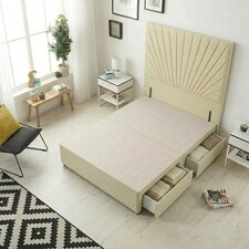 Sunburst Divan Bed with 2 Drawers & 54'' Floor Standing Headboard Linen Fabric | Yellow | Beige