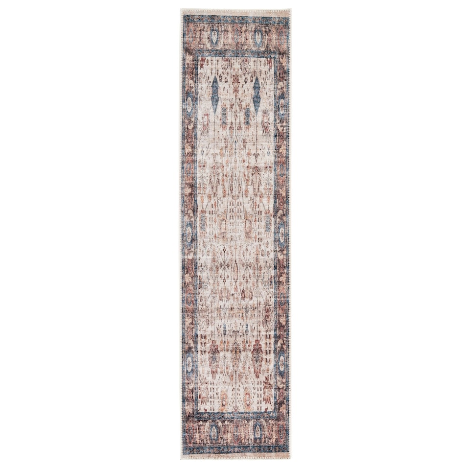 image 1 of KUKOON Blue Beige Traditional Floral Bordered Non Slip Washable Low Pile Runner Rug 60cm x 240cm Multi