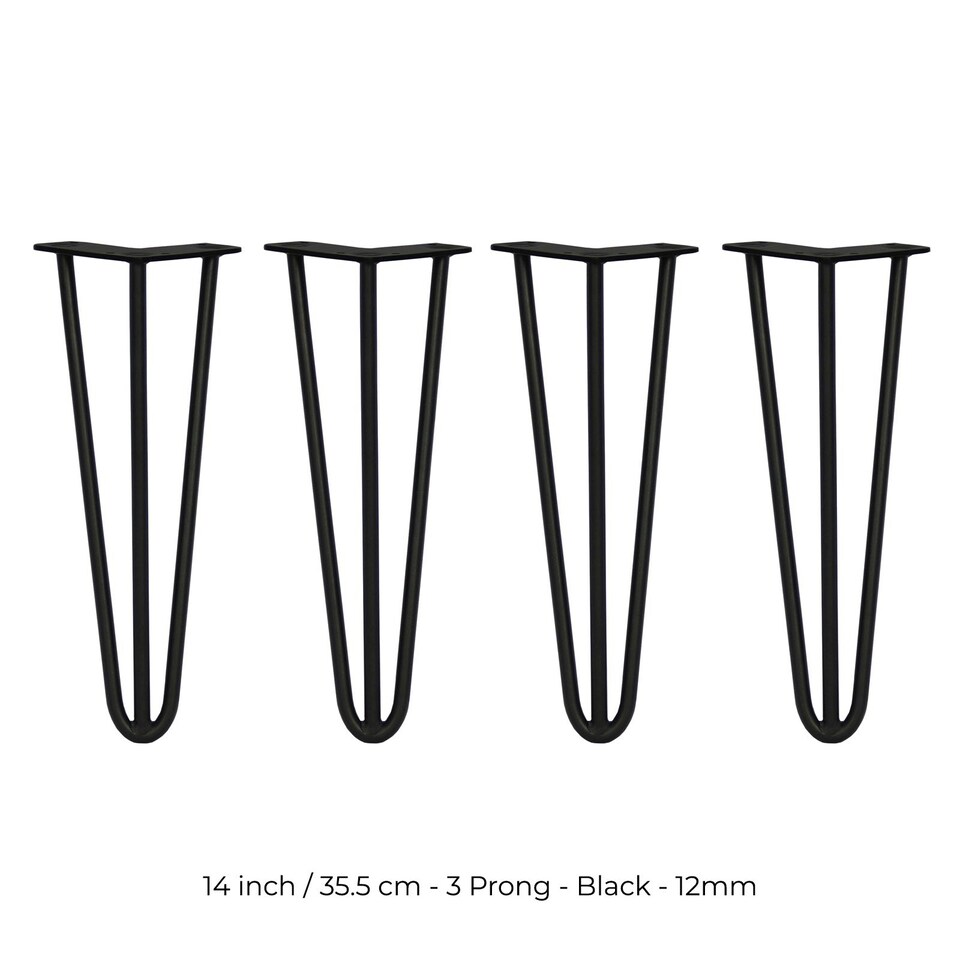 image 1 of 4 x 14" Hairpin Legs - 3 Prong - 12mm - Black Black