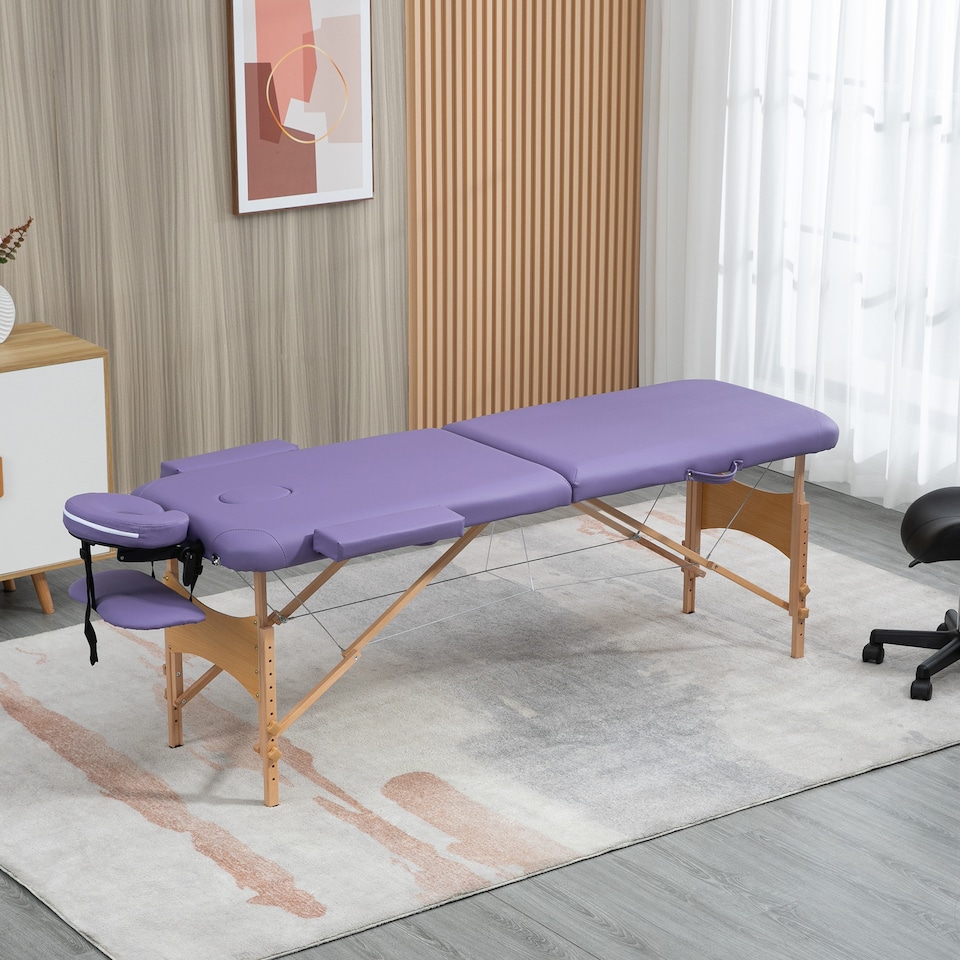 image 1 of HOMCOM Portable Massage Bed, Folding Spa Beauty Massage Table with 2 Sections, Carry Bag and Wooden Frame, Purple