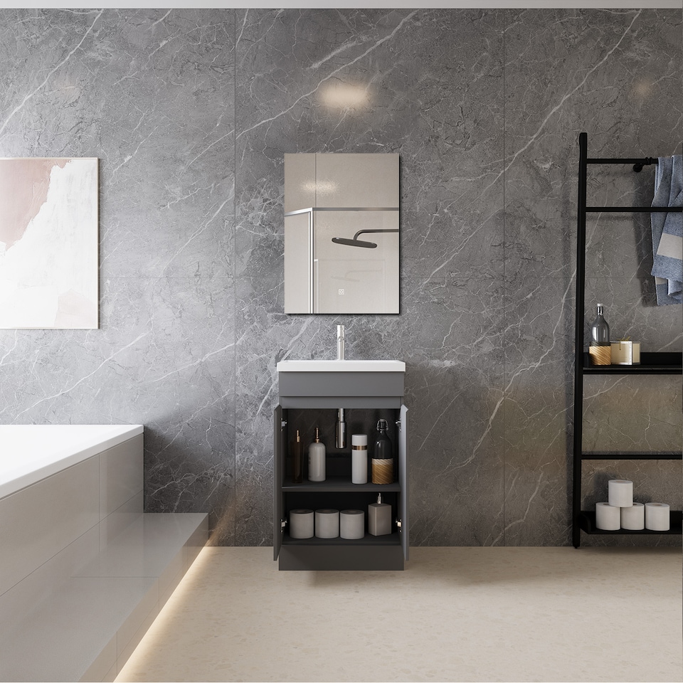 image 1 of AICA 500mm Matte Anthracite Bathroom Vanity Unit With Basin Double Door Floor Standing Design Flat Packed
