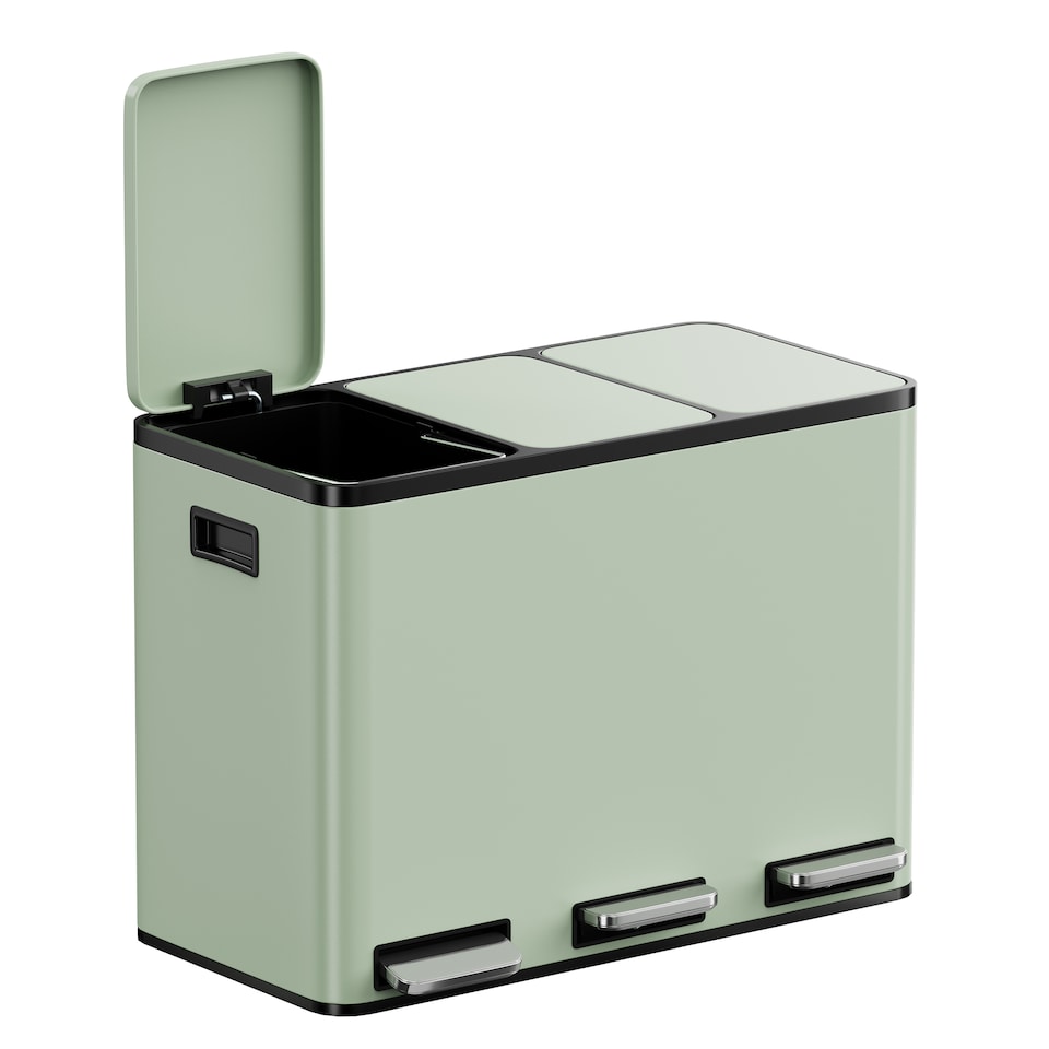 image 1 of 3 Compartment 45L Waste & Recycling Kitchen Bin (3 x 15L) | Green | Sage Green | 45L