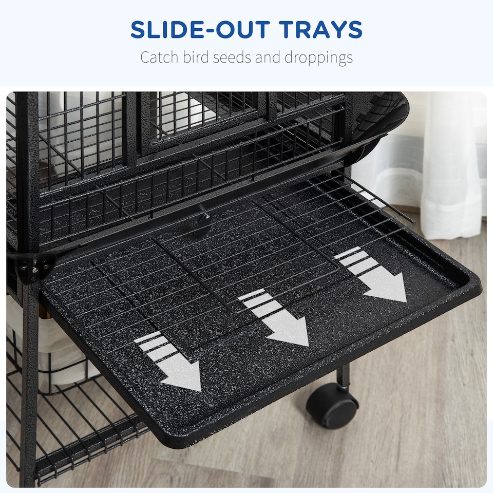 image 1 of PawHut 156cm Bird Cage,Large Parrot Cage with Open Play Top, Perch, Seed Guard, Wheels, Storage Shelf for Budgie, Cockatiel, Conure, Lovebird, Dark Grey