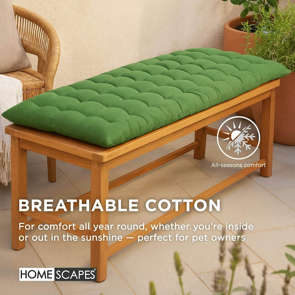 image 1 of Homescapes Garden Bench Cushion Luxury 3 Seater 100% Cotton Indoor Outdoor Seat Pad Green | 143 x 48 cm