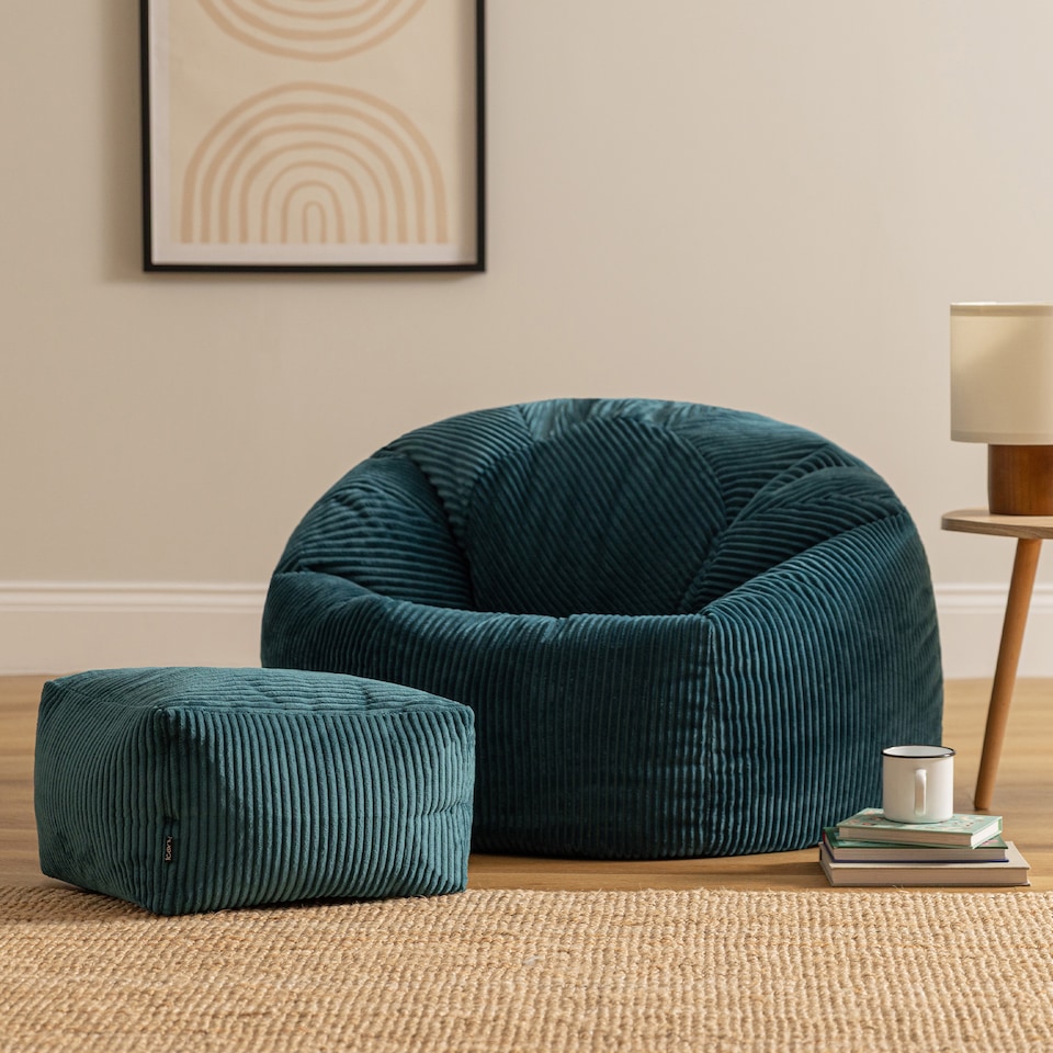 image 1 of Kingston Cord Adults Bean Bag Chair and Pouffe, Ready Filled Beanbag and Footstool Teal | Green | Teal Green | 2