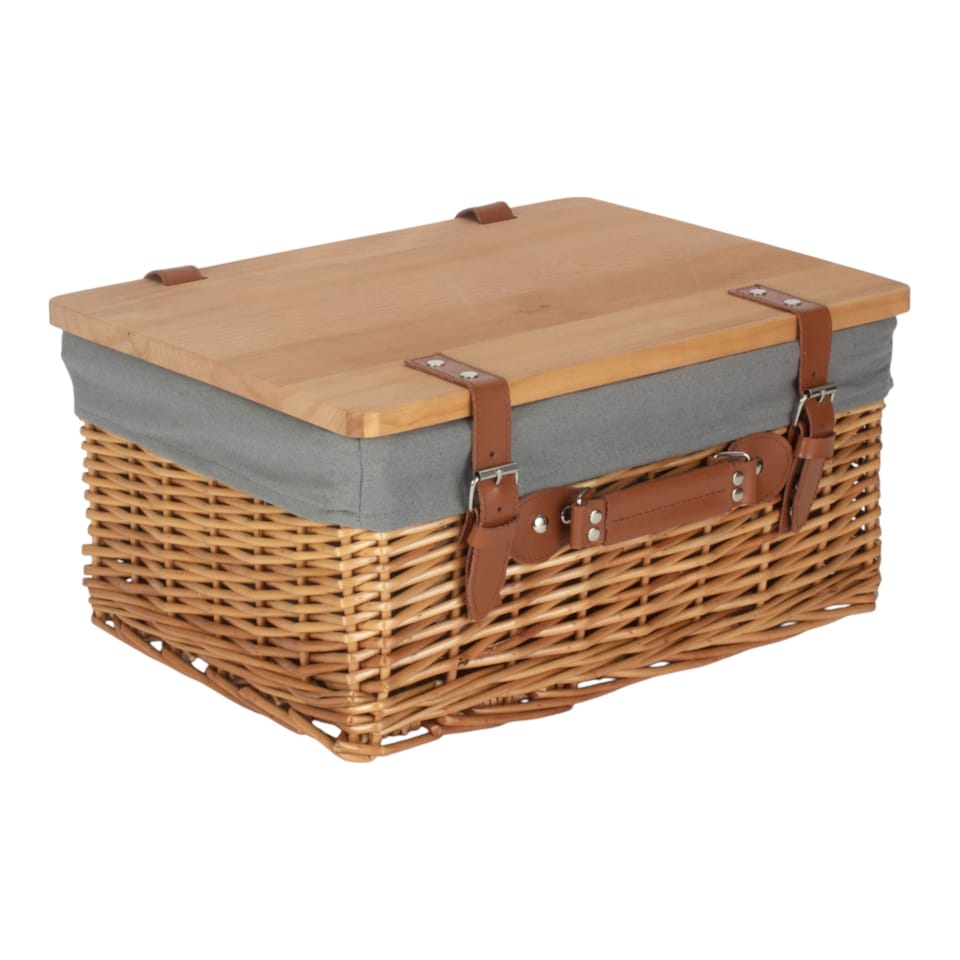 image 1 of 36cm Double Steamed Grey Lined Willow Empty Picnic Basket with Pinewood Lid | Brown | Brown | S | 1