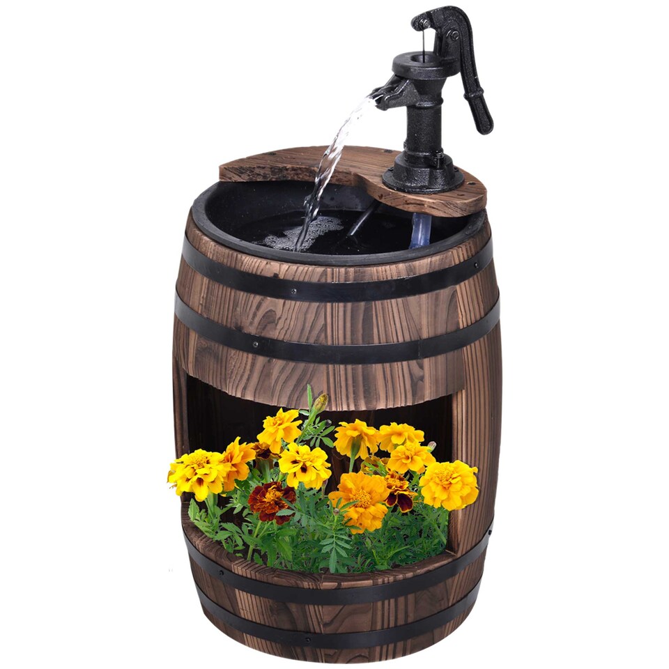 image 1 of Outsunny Wood Barrel Pump Garden Fountain Water Feature Flower Planter Stand New