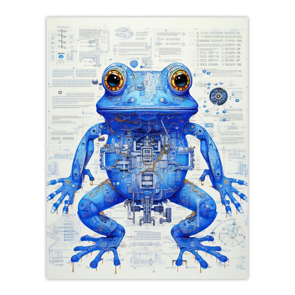 image 1 of Robot Hybrid Frog Sci-Fi Blueprint Futuristic Secret Black Framed Wall Art Print A4