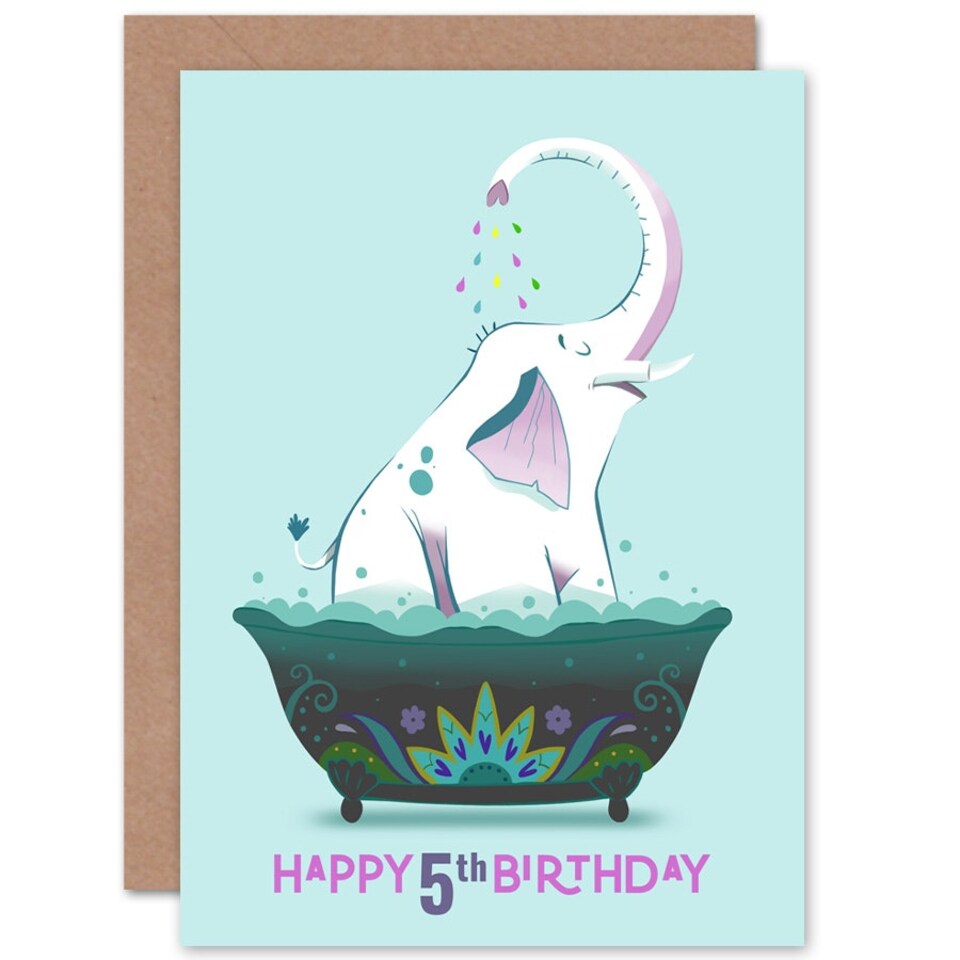 image 1 of Elephant Bath Tub Cartoon Age 5 Year Old Child Kids 5th Birthday Card