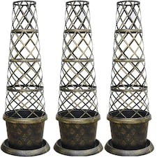 Tower Pot & Trellis Patio Pot Kit - Black & Gold x 3 - Ideal For Climbing Plants