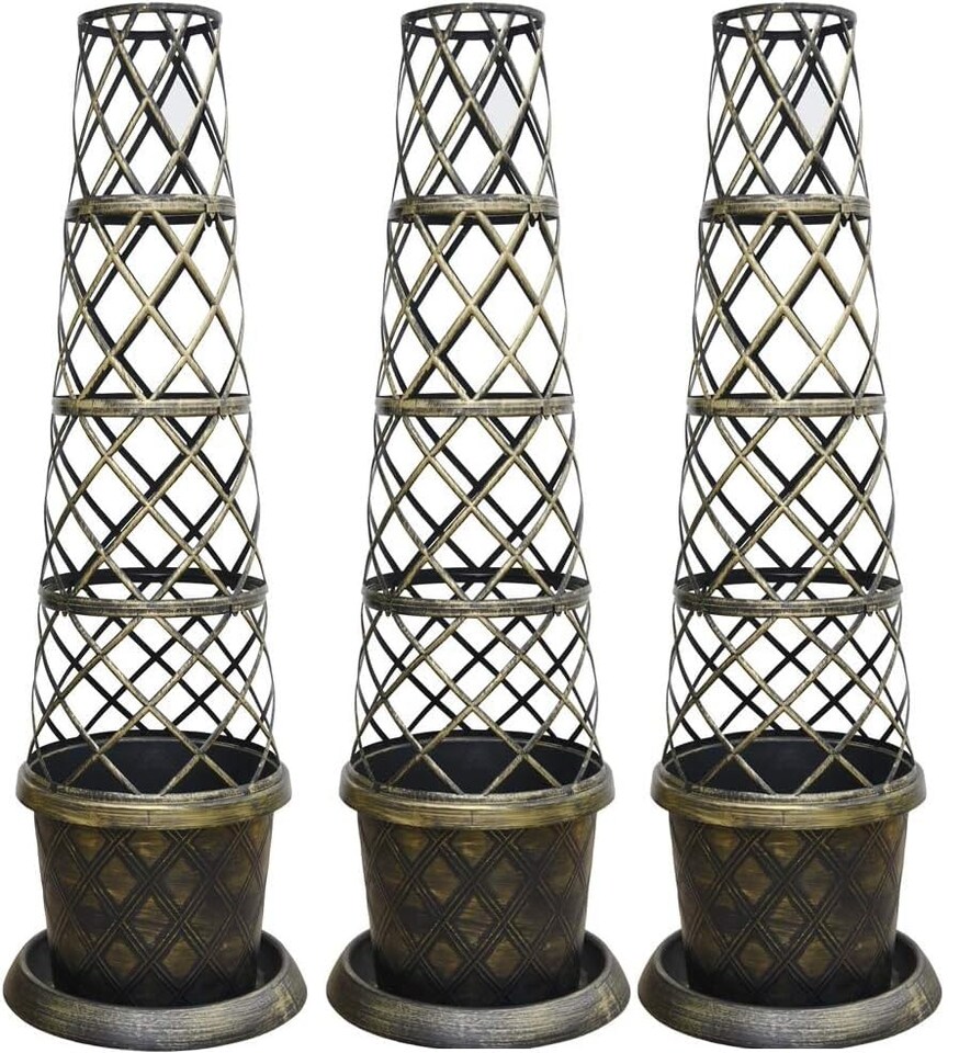 Tower Pot & Trellis Patio Pot Kit - Black & Gold x 3 - Ideal For Climbing Plants