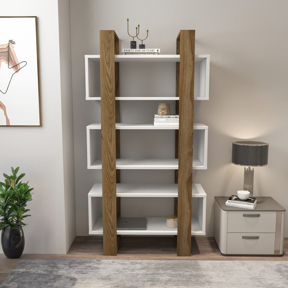 image 1 of Decorotika Reina Bookcase 3-tier H 150 cm x W 90 cm x D 33 cm | Multi | White and Walnut | 1