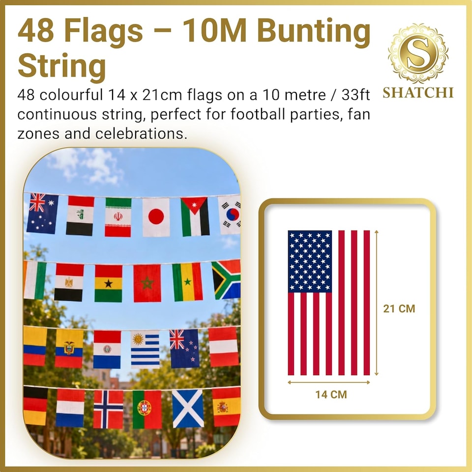 image 1 of 48 Flags Bunting 10m/33ft for World Cup 2026 Football Qualified Countries Double Sided Polyester Banner 14 x 21cm for FIFA Football Party Decorations