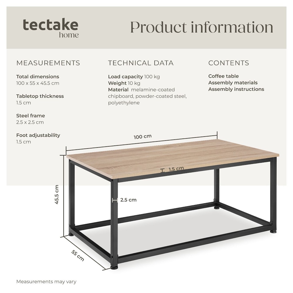 image 1 of Coffee Table Lynch - rectangular with height-adjustable plastic feet | Brown | industrial wood light, oak Sonoma | 100 x 55 x 45,50 cm | 1