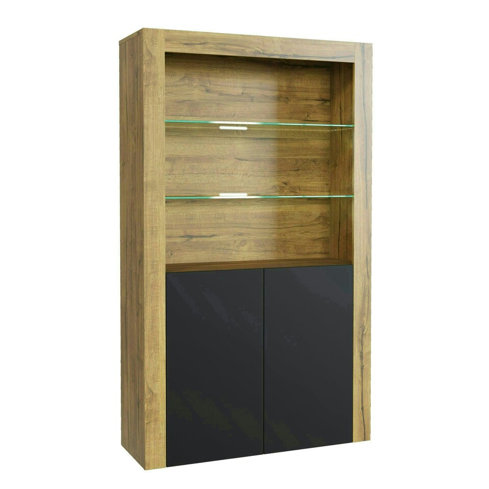 image 1 of Oak Display Cabinet 100cm Matt Finish Free LED Modern Tall Storage Unit Multi | Oak & Black