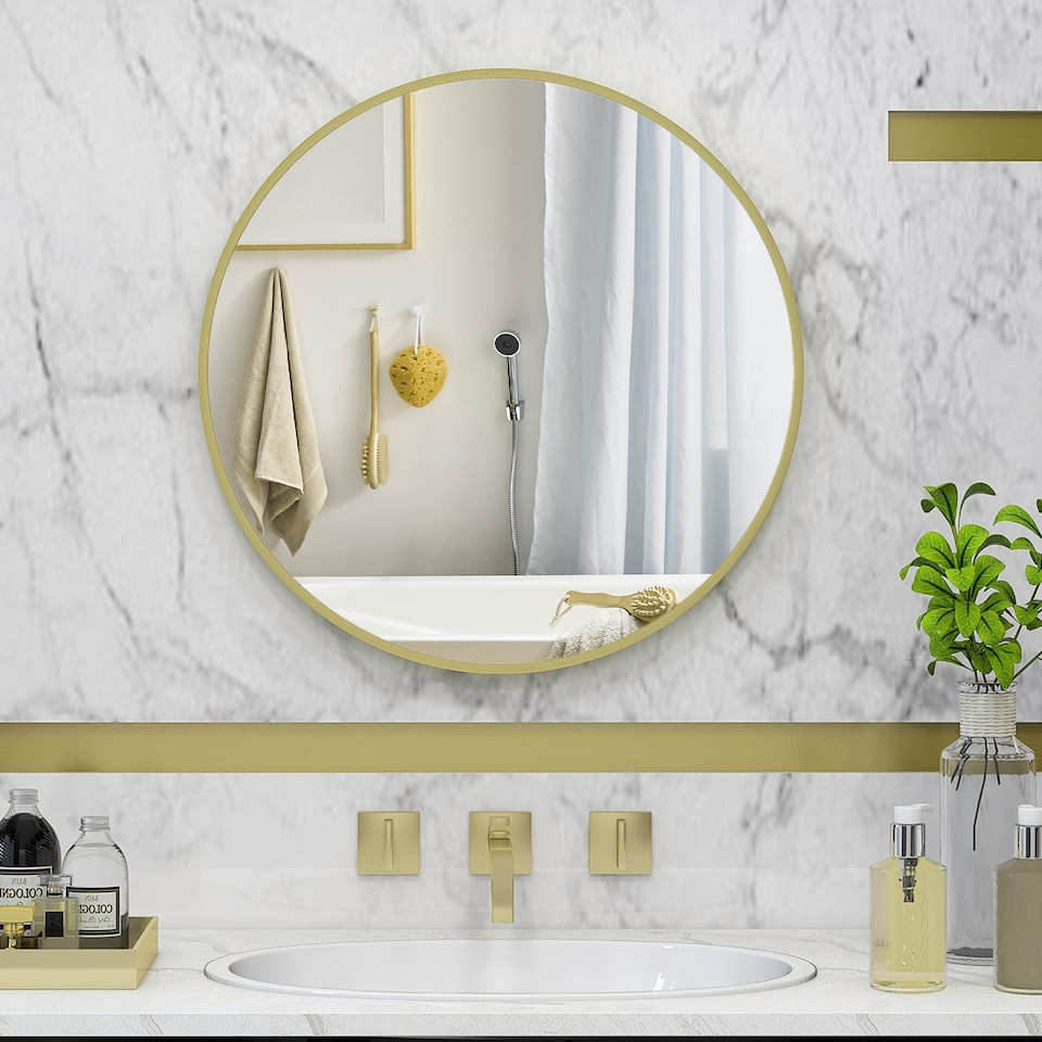 image 1 of HOMCOM Round Bathroom Mirror, Modern Wall-mounted Vanity Mirror with Aluminium Frame and Easy Install Hook for Living Room, Entryway, 60  60cm, Gold Tone