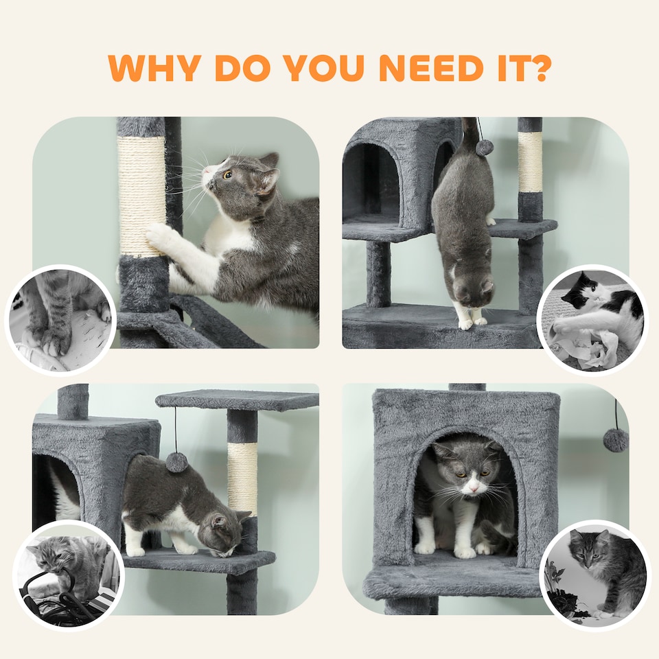 image 1 of PawHut Cat Tree, 202cm Large Cat Tower for Indoor Kittens with 6 Scratching Posts, 2 Condos, 2 Perches, 2 Hammocks, Pompoms, Multi-Level Plush Kitty Activity Centre for Rest and Play, Dark Grey