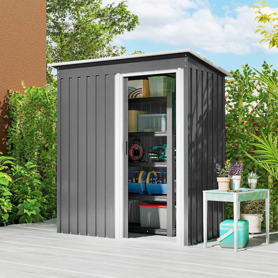 image 1 of Outsunny 5 x 3ft Garden Storage Shed with Sliding Door and Sloped Roof, Lean to Outdoor Equipment Tool Shed for Garden, Light Grey | Grey | 1