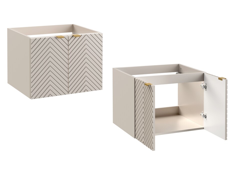 image 1 of Bathroom Furniture Set  600mm Wall Hung Vanity Unit with Tallboy Storage Cabinet Ribbed Fluted Herringbone Beige Cara
