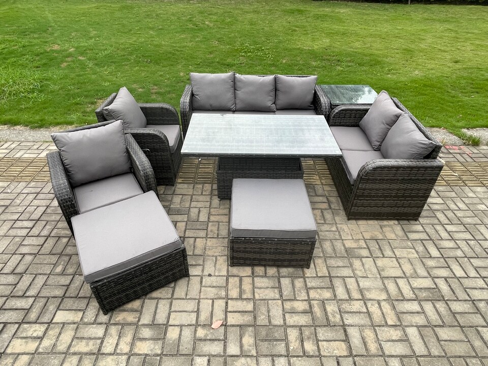 image 1 of Fimous Outdoor Rattan Furniture Garden Dining Set Patio Height Adjustable Rising lifting Table Reclining Chair Sofa With Side Table 2 Big Footstools