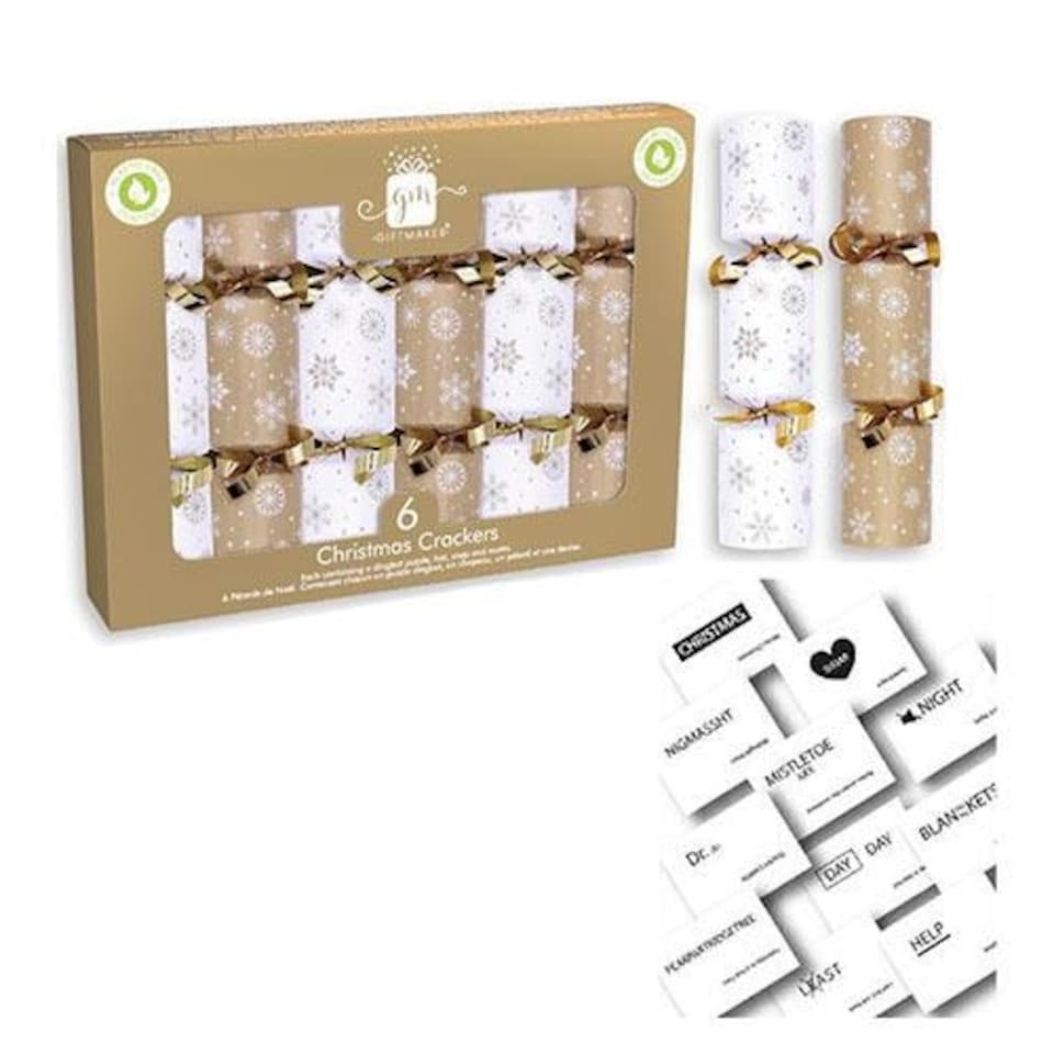 White & Gold Snowflakes Mini Christmas Crackers 15cm / 6 in- Pack of 6