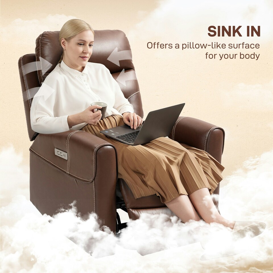 image 1 of HOMCOM Overstuffed Riser and Reclining Chair with USB Ports, Remote, Brown Brown