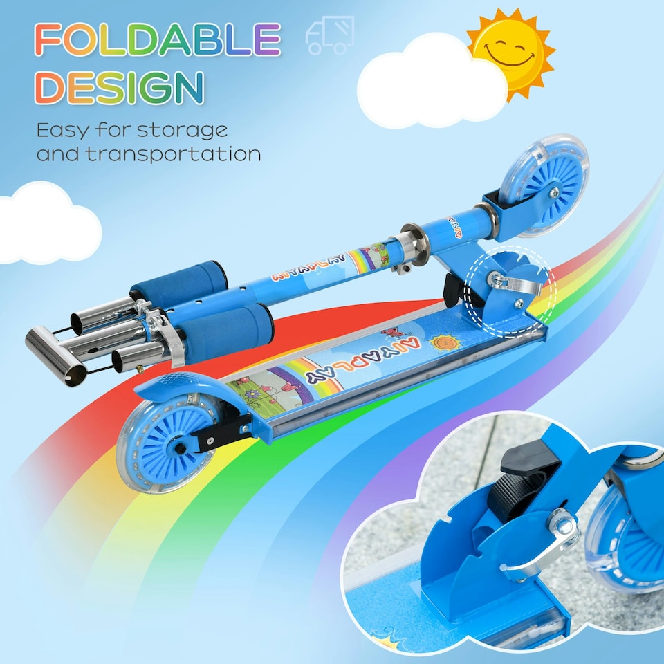 image 1 of HOMCOM Kids Scooter 2 Wheels W/ Lights Music Adjustable Height Foldable - Blue
